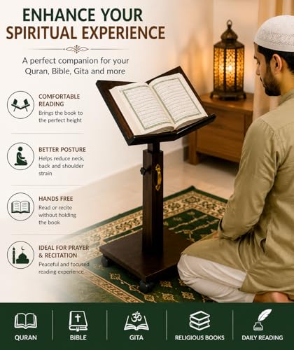 Image of Adjustable Wooden Quran Stand with Wheels | Premium Rehal for Quran Reading | Height Adjustable Book Holder for Namaz, Islamic Study & Prayer