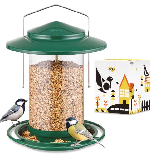 iBorn Vogelfutterspender,Metall Vogelhaus zum Aufhängen,Futterhaus für Vogel mit Futterschale,6 Futterlöcher,18 cm Wetterfest Dach,Ganzjährige Vogelfütterung,Wildvögel Futtersilo,Grün