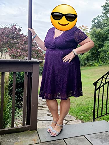 Image of Women's Wedding Guest Plus Size Semi Formal Cocktail Lace Wrap V Neck Short Sleeve Knee Length Dress