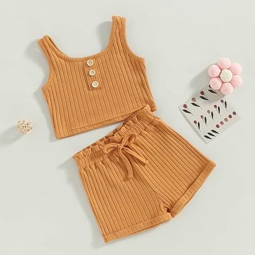 Moreeluck Toddler Baby Girl Summer Clothes Shorts Set 2Pcs Casual Ribbed Tank Top Camisole And Drawstring Short Bottoms Tracksuit (A Yellow, 6-12 Months) #TOP5