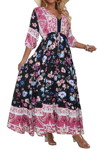 Image of Women Short Sleeve V Neck Floral Print Casual Bohemian Maxi Dresses