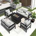Solaste Aluminum Patio Furniture Set with Fire Pit Table, 5 Piece Metal Outdoor Furniture with Water-Resistant Cushions, Modern Patio Conversation Set for Balcony, Front Porch, and Backyard, Black