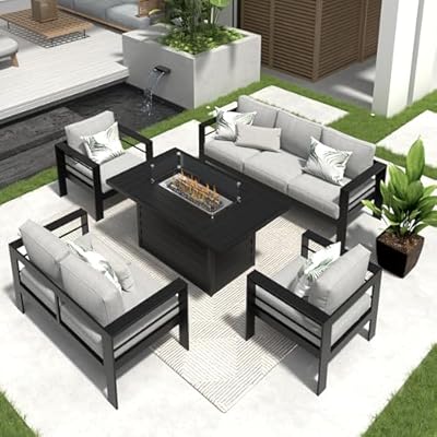 Solaste Aluminum Patio Furniture Set with Fire Pit Table, 5 Piece Metal Outdoor Furniture with Water-Resistant Cushions, Modern Patio Conversation Set for Balcony, Front Porch, and Backyard, Black