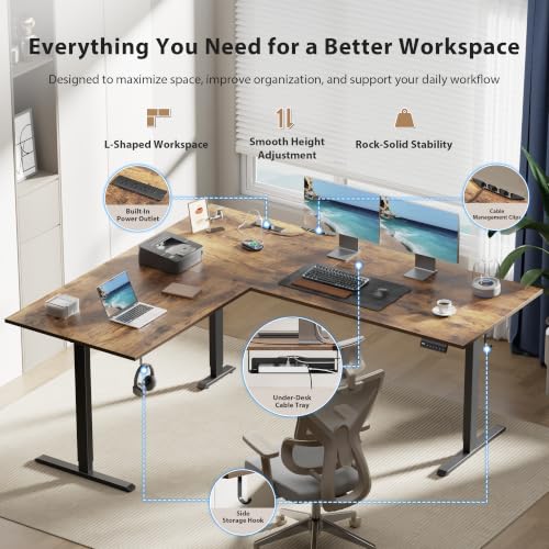 Image of Agilestic 63x55 Inch L Shaped Electric Standing Desk, Corner Workstation, Rustic Brown