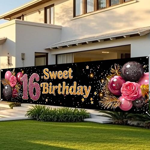 Image of Nuxovilar Sweet 16 Birthday Yard Banner 79x18 Polyester | Party Poster Backdrop Sign Sweet 16 Decor Large Birthday Backdrop Fence Yard Walls (Sweet Sixteen)