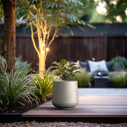 Image of Kante Accent Round Curved Weathered Concrete Planter 13 inch Dia, Outdoor | Rubber Plug for Indoor, Drainage for Garden, All-Weather Cement Flower Pot, Handcrafted, Anti-Frost & UV, Modern Home Decor
