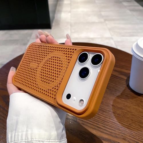 iPhone 17 16 15 14 13 12 Pro Max 17 Air 14 15 16 Plus用 放熱メッシュマグネットケース 通気性ハードPCワイヤレス充電カバー ブラウン iPhone 13用