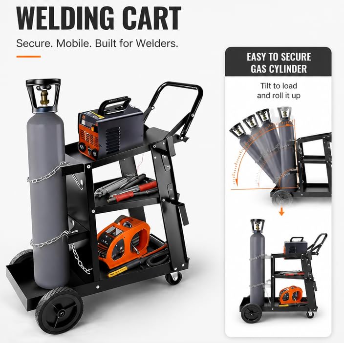 Image of Welding Cart, 3-Tier Heavy Duty Welder Cart with 400LBS Load Capacity, 360 Swivel Wheels with Dual Cylinder Slots & Safety Chains, Rolling Cart for Welders & Plasma Cutters