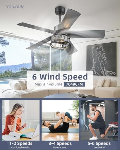 Image of YOUKAIN 48-Inch Crystal Ceiling Fan with Lights & Remote, Walnut | 5 reversible black and wood blades, crystal design, quiet for bedrooms