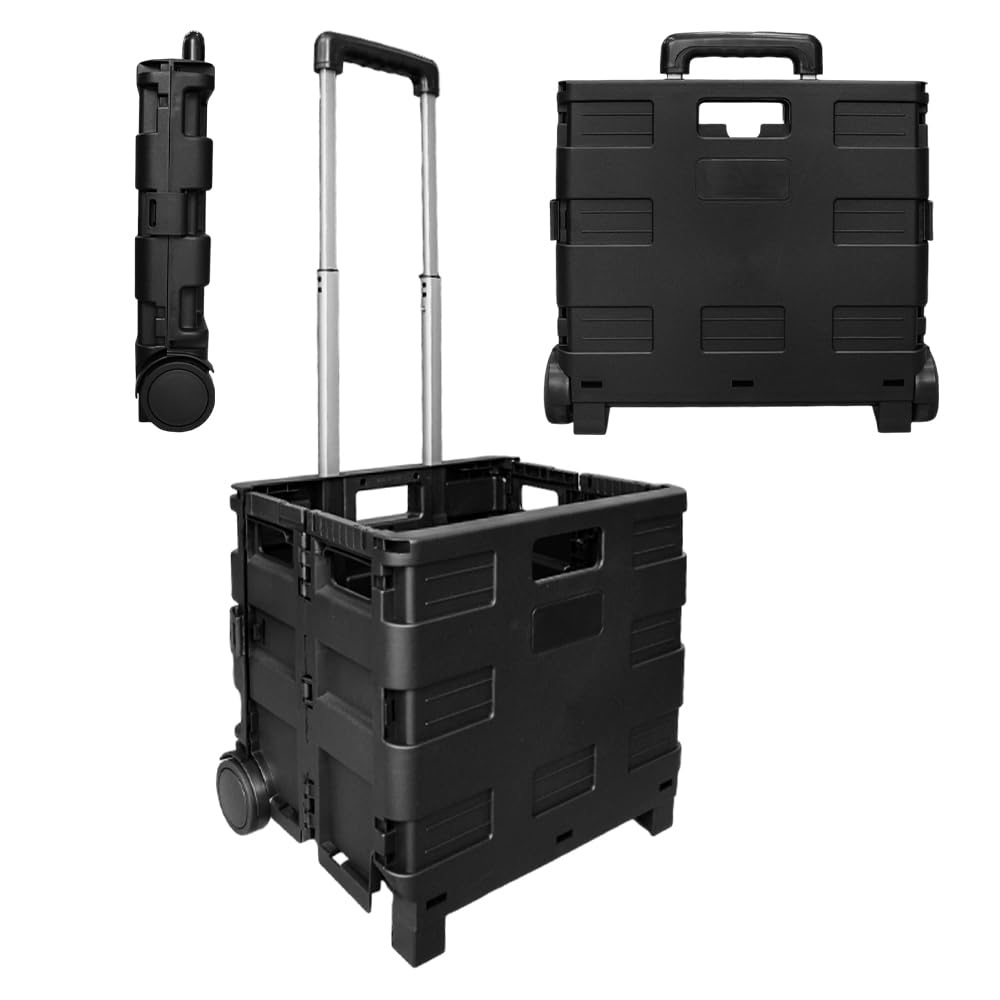 Berry 40L Foldable Shopping Trolley - Black, Plastic Trolley Cart with 2 Wheels, Portable Cart with Telescopic Handle, Multipurpose Utility Cart for Shopping, Teacher, Laundry, and More