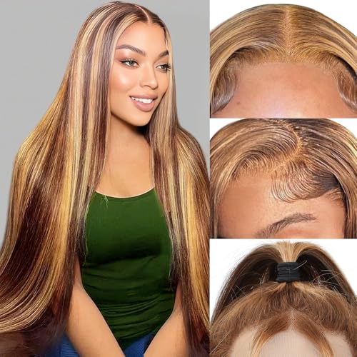 100% Human Lace Front Wig - Ombre Highlight, 13x6 Lace Front, Straight, Pre-Plucked Baby Hair, 200% Density Honey Blonde, 26 Inch