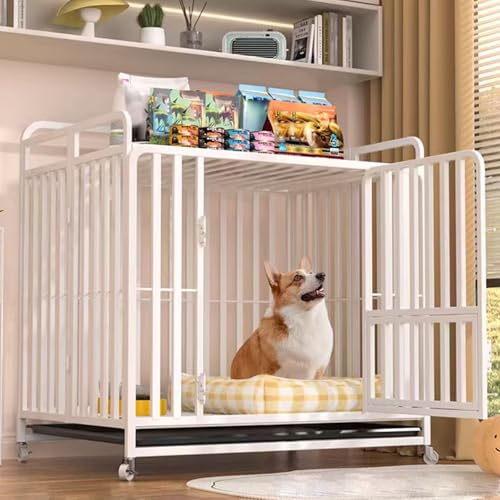 犬 クレート ペットケージ 犬用キャスター付きペットケージトレー付き金属製 折り畳み式 鉄製 上部収納 組み立て簡単 中型犬 大型犬(White,95*65*77cm)