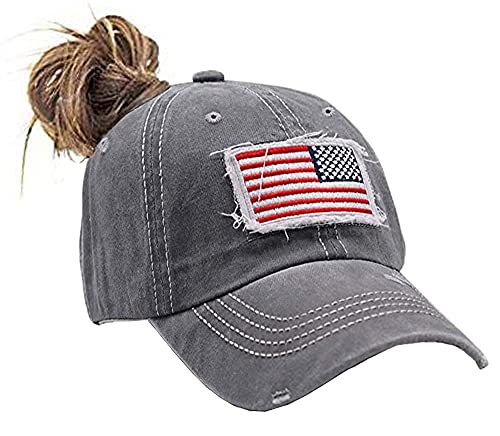 FGSS American-Flag Baseball Cap for Women Distressed USA Ponytail Hat Grey