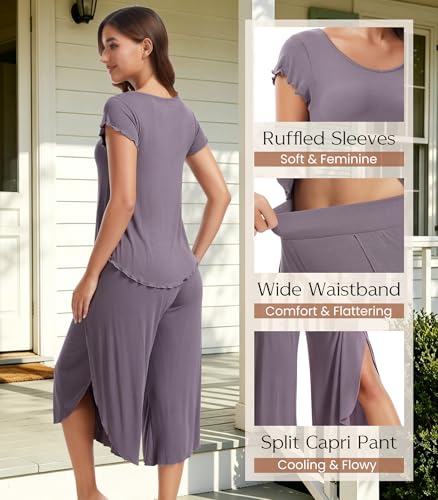 Image of NACHILA Women's Pajamas Set-Viscose Made from Bamboo,Short Sleeve Sleepwear Soft Pjs with Capri Pants Loose Loungewear