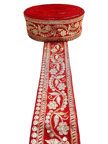 Image of Embroidery Gold Work with Sequence Design Lace Border Falls for Saree, Kurti, Dresses, Bandhani, Lehenga, Decorative Ribbon (6.5 cm Width) (3 Meter, Red)