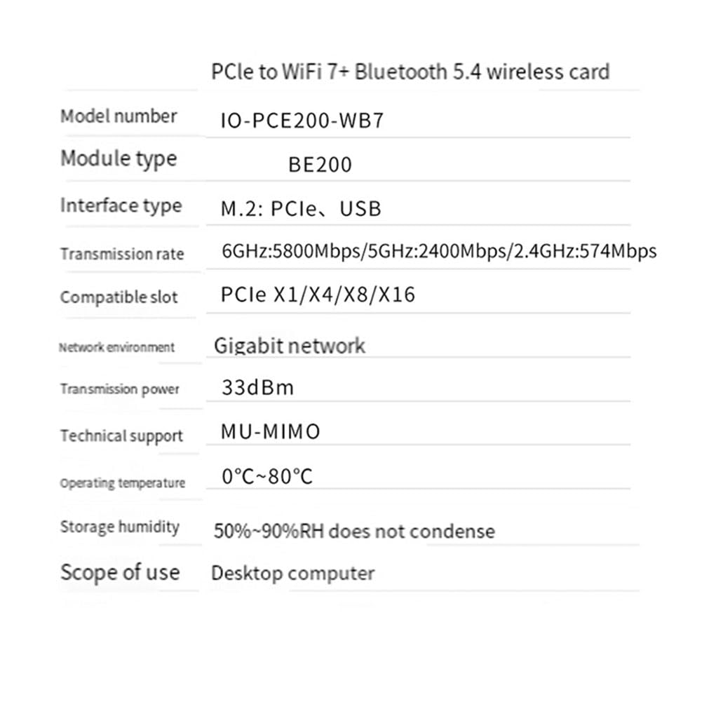 Carte WiFi PCI-E WiFi 7 BE200, Tri-Band 2.4G&5G&6GHz, Métal Noir+PCB, Vitesse sans de 8774Mbps, Carte Réseau sans BE200 pour Win11.