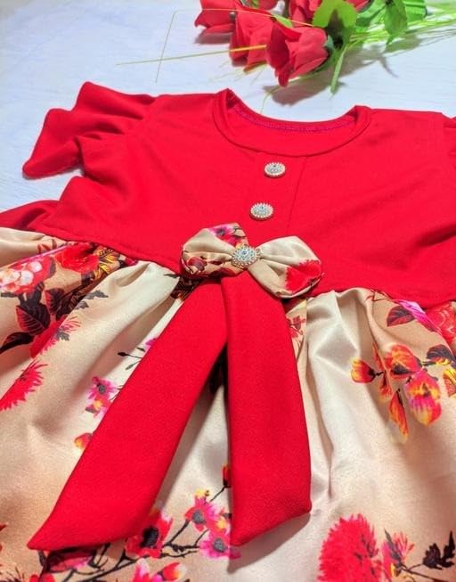 Image of Kid Girl's Pink Floral Printed Knee Length Short Sleeves Satin Frock Dress| Comfortable, Breathable, Lightweight, Skin Friendly|SL 29
