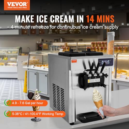 VEVOR Kommerzielle Eismaschine 18–28 L/h, 3 Geschmacksrichtungen, Italienische Eismaschine, 2 x 5,5 L Trichter, LCD-Panel, Automatische Vorkühlung, Reinigung, für Joghurt, Kaffee, Snackbar, Restaurant – Bild 3