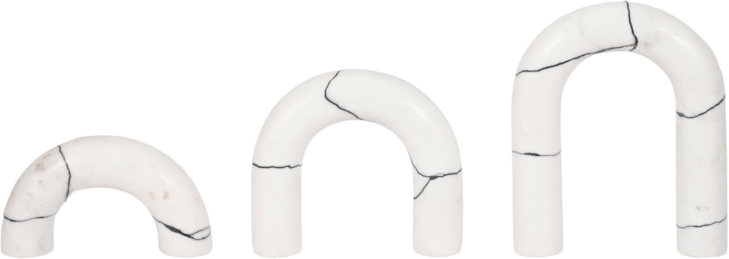 Arch Marble Sculpture for Home and Bathroom Decor - Stone Decorative Objects for Office, Room, Living Room and Shelf Display Accents - Sculptural Ornaments for Console - Set of 3, 10", 7", 5", White