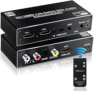 avedio links HDMI Switch Audio Extractor, HDMI Switch Splitter 2 Inputs 1 Output with Remote 4K@60hz, 2-Port HDMI2.0b Switcher Box with Optical Toslink SPDIF+Coaxial+Analog RCA Stereo Audio Out
