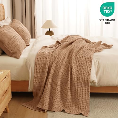Image of PHF 100% Cotton Waffle Throw Blanket for Couch, Lightweight Breathable and Soft for Summer, Luxury Aesthetic Waffle Weave Blanket for Home Decor & Office, Gifts for Women, 50 inchx60 inch, Clay