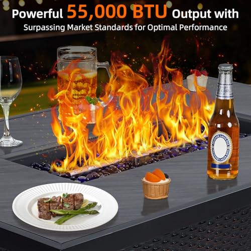 52 Inch Propane Fire Pit, CSA-Listed Outdoor Gas Fire Pit Rectangular Tabletop with Lid, 50,000 BTU Steel FireTable with Rain Cover Glass Wind for Outside Patio Yard Balcony, Black