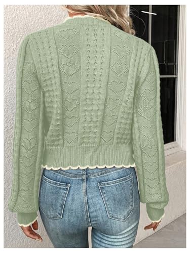 WDIRARA Women's Contrast Trim Button Down Cardigan Sweater Scallop Long Sleeve Knit Outerwear2