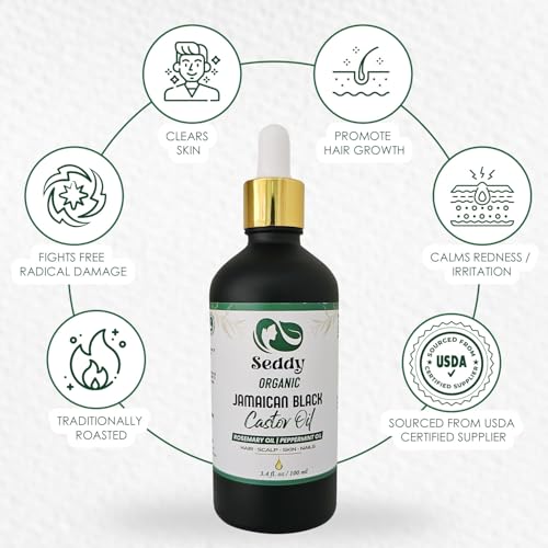 Image of Seddy Organic Jamaican Black Castor Oil with Rosemary & Peppermint - Cold-Pressed, Hexane-Free Hair Growth & Scalp Treatment Oil for Thicker, Stronger Hair, Edges & Beard - 3.4 fl oz