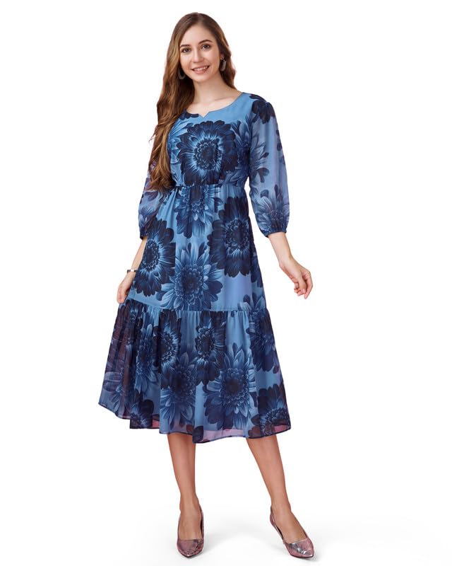 Image of MOJILAA Women's Georgette Floral Printed Gathered Dress