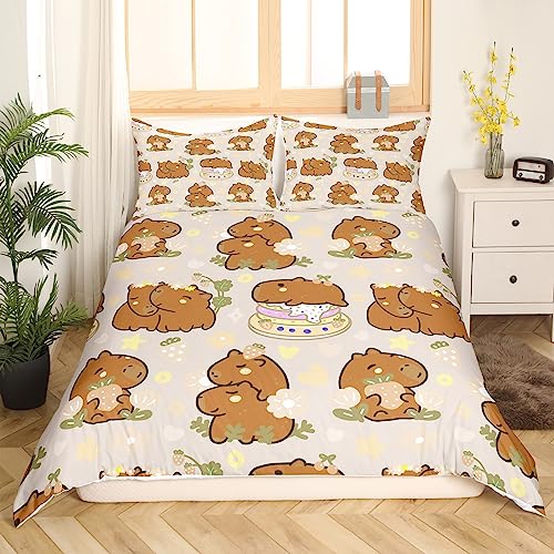 Homewish Cute Capybara Duvet Cover Single, Strawberries Bedding Set, Kawaii Animal Cartoon Cake Comforter Cover
