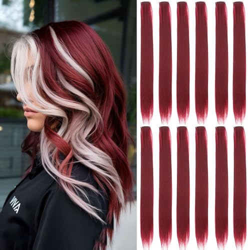 GZVIS 12 Pcs Burgundy hair extensions 22 Inch Straight colored hair colorful clip in extensions Highlight Party for Kids Girls and Women Gift (Burgundy 37)