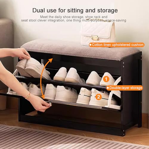 Banc de rangement en bois rustique avec étagère à chaussures et coussin en lin - 4
