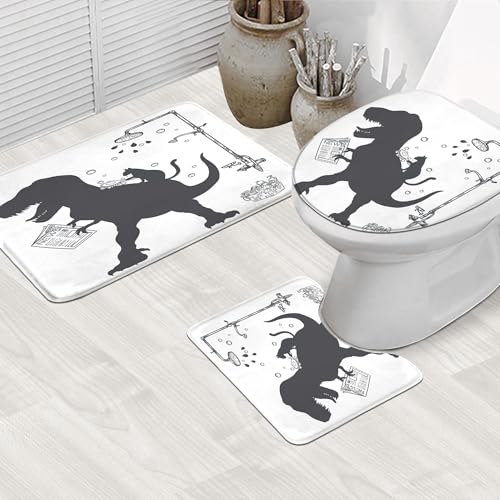 Image of 4PCS Dinosaur 71Wx71H Inches Funny Cute Kids Boys Animal Shower Curtain Sets with Rugs, Toilet Lid Cover and Bath Mat, Silhouette Shadow Bath Accessories Art Home Decor Fabric 12 Pack Hooks