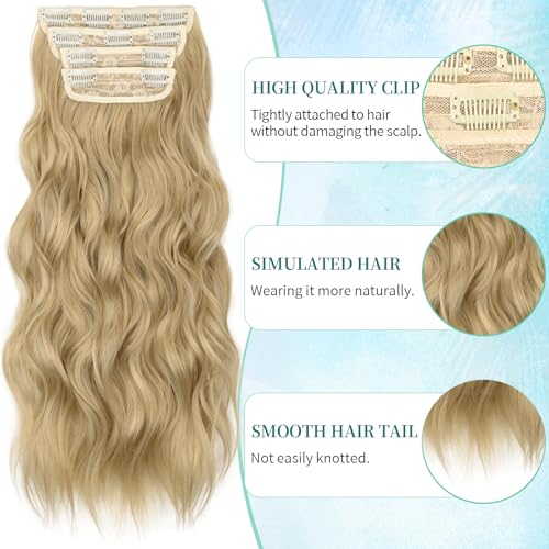 Image of KooKaStyle Wavy Thick Clip in Hair Extensions 20 inch Golden Blonde for Daily | 4 Pieces Clip in Extensions,Fiber Double Weft Hairpieces,Natural Volume & Soft,Wave Long Synthetic Hairpieces for Women