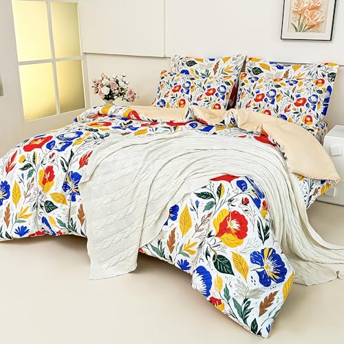 Image of lasoftan Floral Queen Comforter Set with Sheets, 7 piece Luxury Vintage Bedding, Soft Microfiber Bed in a Bag, Cozy Lightweight Bed Set, Blue Orange Flower