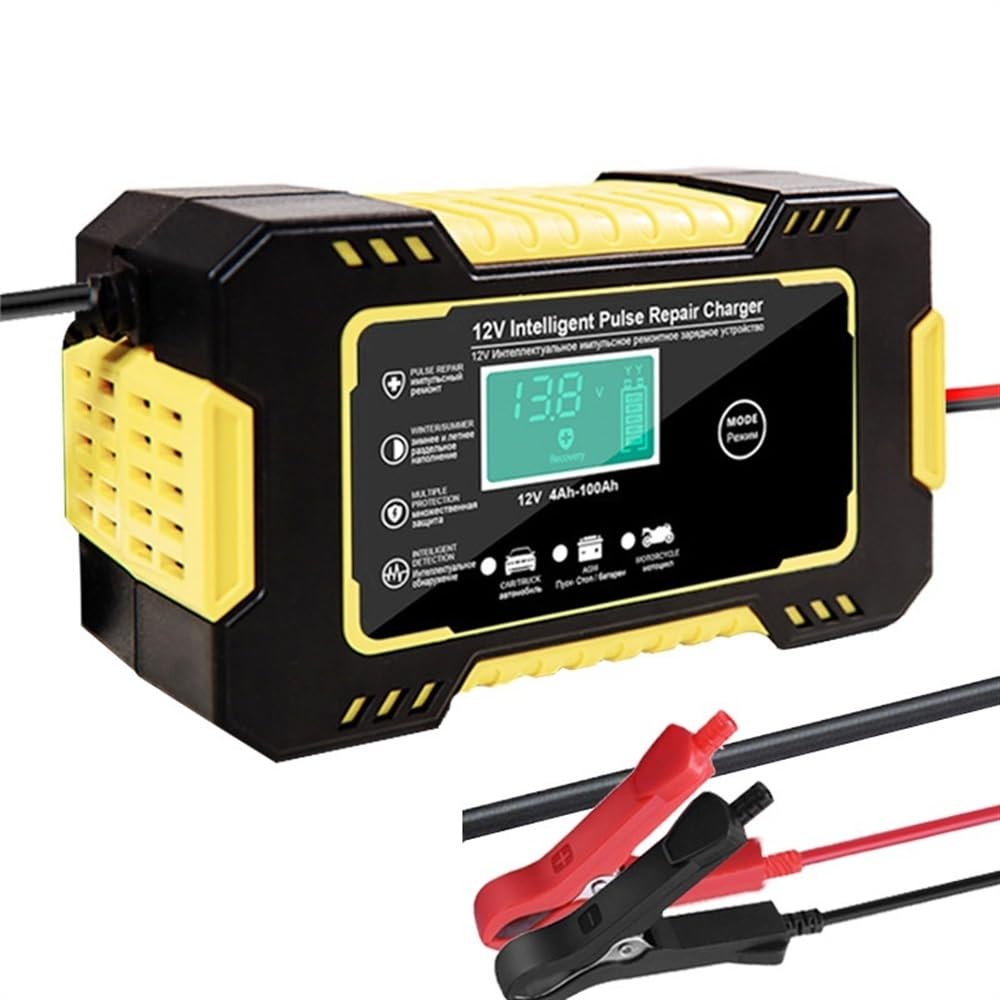 Cargador Baterias Coche Cargador de batería for Motocicleta y Coche, 12V, 6A, for Auto Moto, Carga Inteligente, 6A, 12V, Pantalla Digital Cargador BateríA Coche(Yellow)