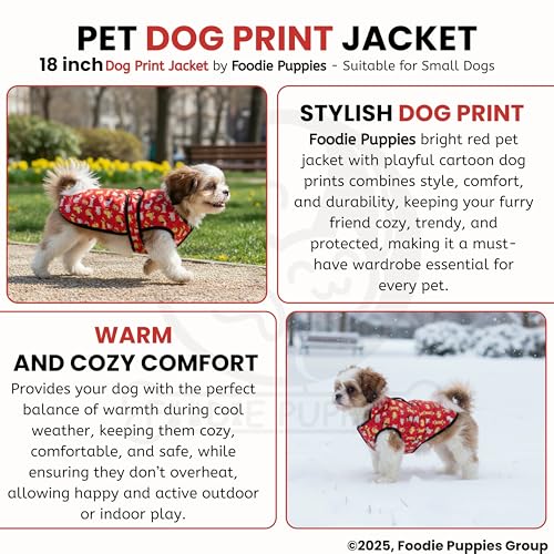 Image of Foodie Puppies Dog Winter Jacket - (Dog Printed, 18 Inch) for Small Dogs | Ultra Warm Waterproof & Windproof Coat | Adjustable Velcro Closure, Washable Vest for Cold Weather I