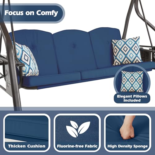 Image of ZZW 3-Seat Outdoor Porch Swing with Stand, Patio Swing with Canopy, 2 in 1 Porch Swing Bed & Patio Swing Chair for Adult, Yard Swing w /Extra Pillows and Cup Holder (Blue)