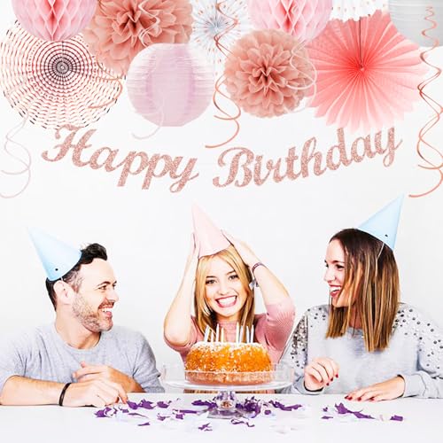 Image of Pink White Rose-Gold Birthday Party-Decorations - 21pcs Happy Banner, Paper Lanterns,Tissue Pom Poms Flower Fan,Honeycomb Ball,Swirl Streamers Garland Supplies Decor Girls Women Huglony