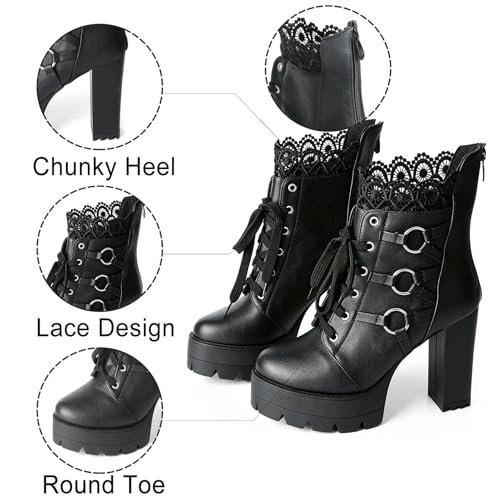 Image of FOREADA Goth Boots Chunky Heel Boot For Women Ankle Combat Booties Black Platform Bootie Buckle Rivets Punk Goth Shoes With Zipper