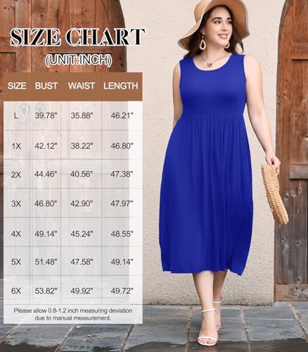 Image of LARACE Women's Plus Size Sleeveless Maxi Dress Casual Crew Neck Pleated Flowy Long Dresses with Pockets L-6XL