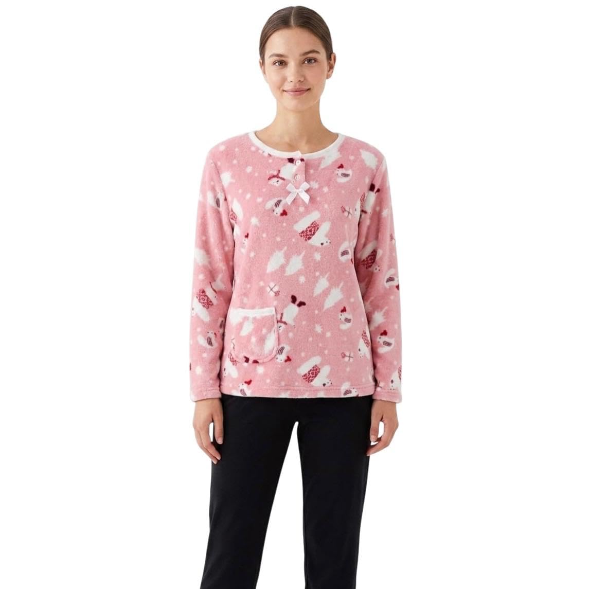 chandre Women Fleece Long Sleeve Printed Winter Sweatshirt Henley Neck Casual Lounge Wear Pullover-picture-26