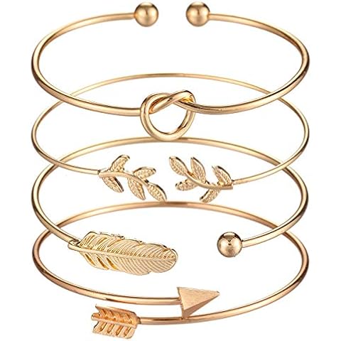 Starain 4Pcs Gold Bangle Bracelets for Women Simple Leaf Arrow Feather Knot Heart Bracelet Adjustable Cuff Bracelet Set Cover