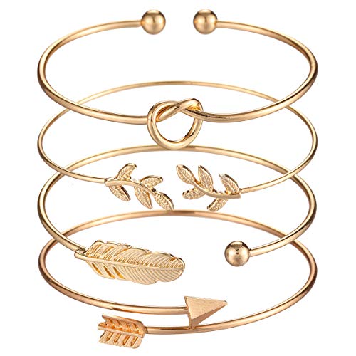 Starain 4Pcs Gold Bangle Bracelets For Women Girl Simple Leaf Arrow Feather Knot Heart Bracelet Adjustable Cuff Bracelet Set #TOP29