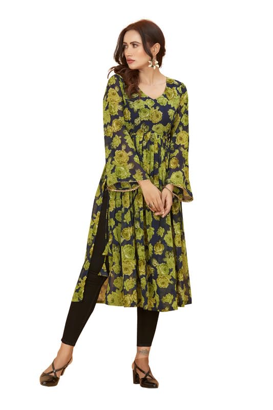 Image of ODD BY chansi TRENDZ Women's Poly Georgette Long Sleeves V-Neck Flared Kurti