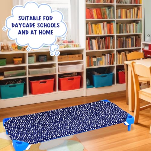 Image of Peryiter 12 Pcs Cot Sheets for Daycare Standard Size 24 inch x 51 inch Toddler Nap Mat Sheets Star Pattern with Corner Elastic Loops Breathable Bed Fitted Cot Crib for Preschool Child Kid Boy Girl (Navy Blue)