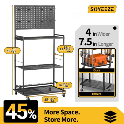 Image of SOYEEZE Fishing Rod Holders for Garage, Fishing Pole Holder Up to 12 Rods with Pegboard and Hooks,Rolling Fishing Cart with Wheels, Fishing Gear Storage For Tackle Box & Reel Organization-4 Side Fence