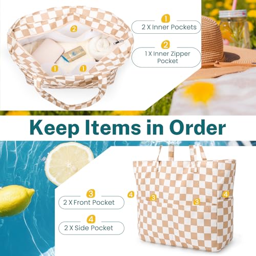 Image of Iioscre Beach Bag for Women, Causal Hobo Handbags with Zipper Inner Pocket, Foldable Swim Tote Bag for Vacation Essentials