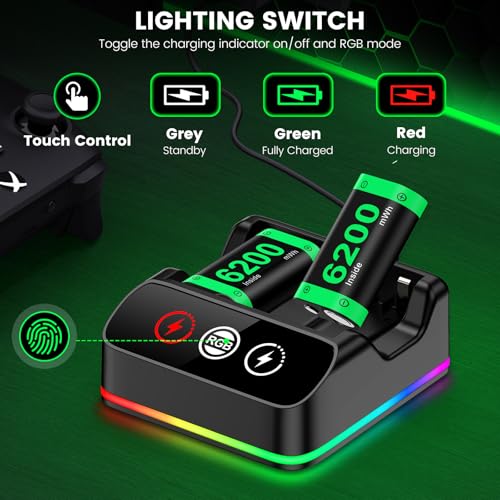 Image of DXKK 2x6200mWh Rechargeable Battery Pack for Xbox One /S /X, Series X|S, One Elite Wireless Controller, with Fast Charger, Extended USB C Cable, Ambient Light