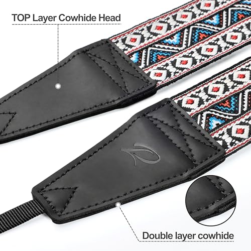 Image of Padwa Lifestyle Boho White Camera Strap - 2 inch Full Grain Leather Ends Camera Straps for Photographers, Vintage Embroidered Cotton Weave Soft Suede Fabric Padded Strap Quick Release fits All Cameras